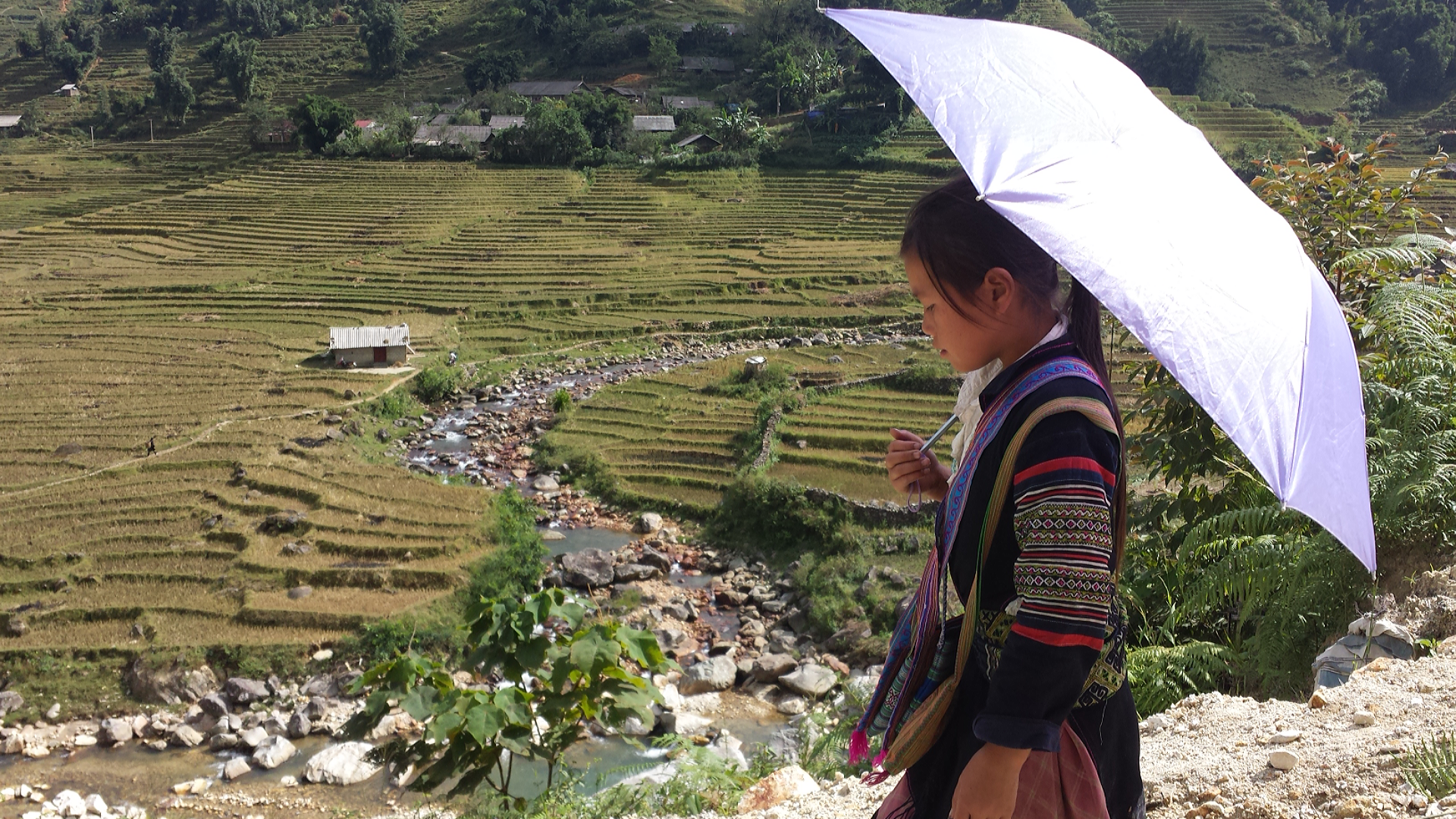 A young girl on a hill overlooking the Chinese countryside holds an umbrella as she walks.