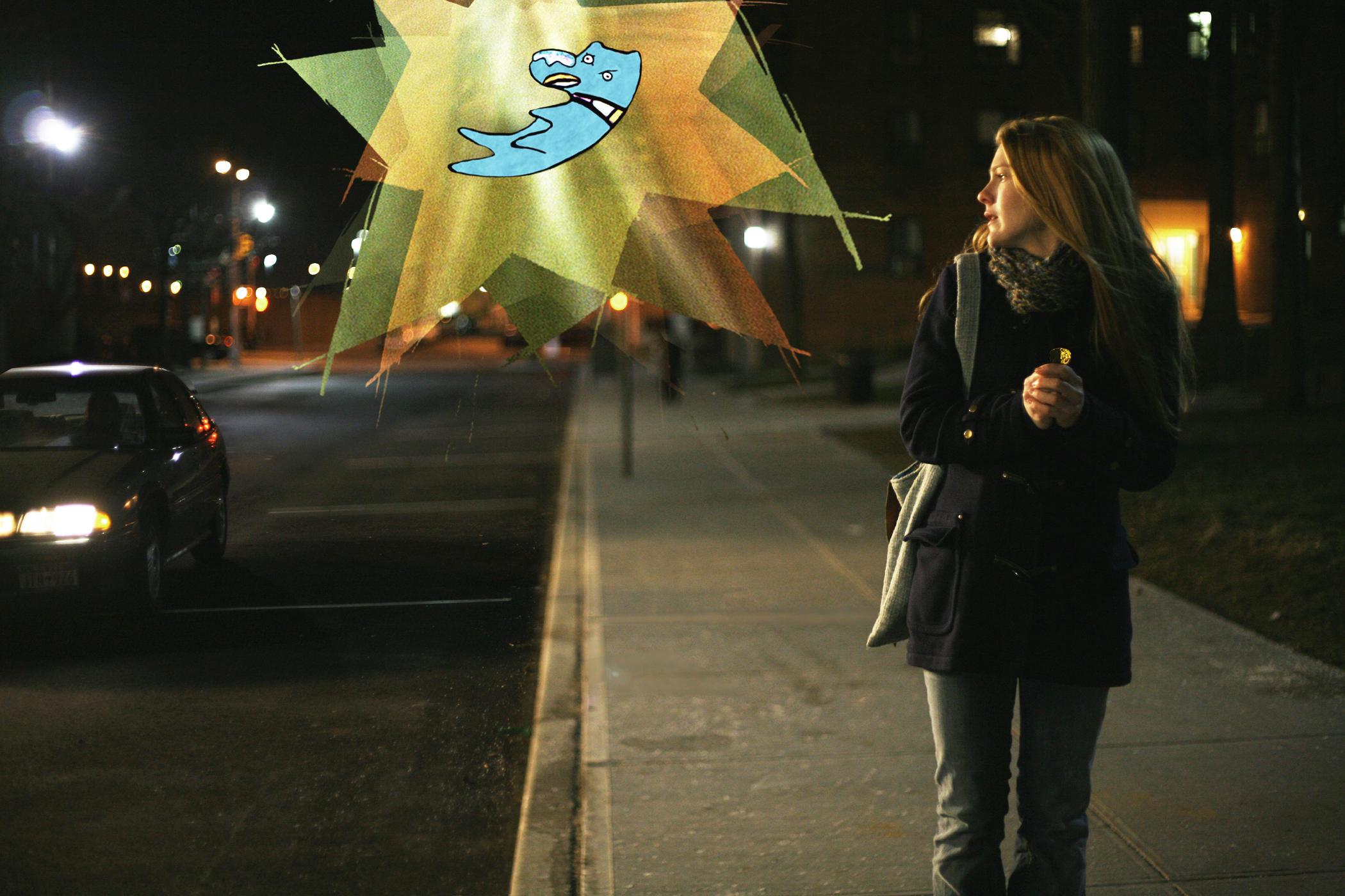 A woman walks down the street and looks to her left. A drawing of a blue dog inside of a starburst is superimposed.